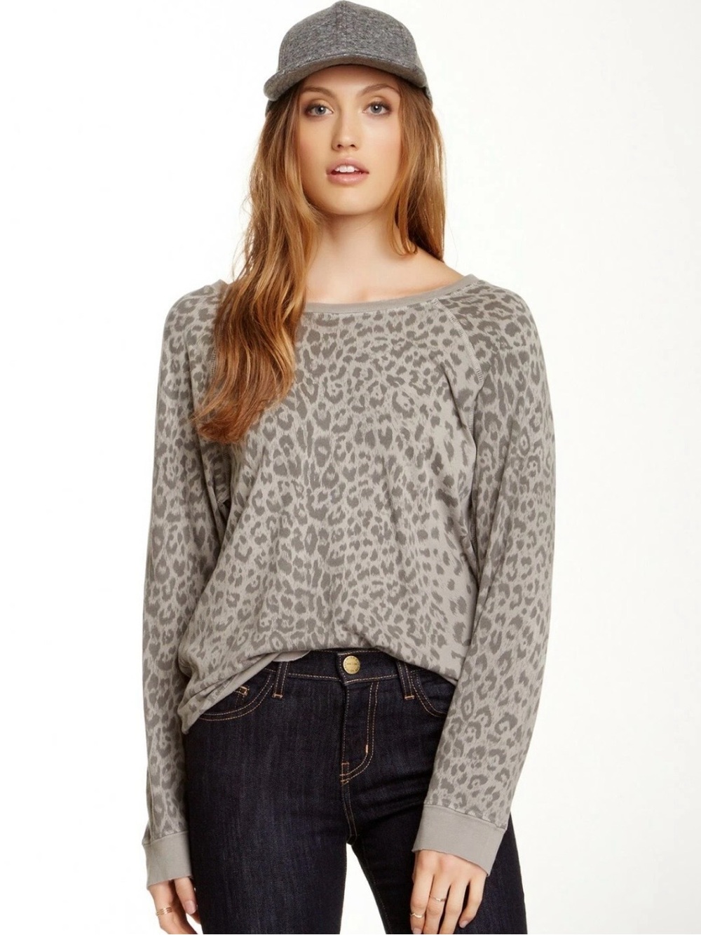 Current/Elliott Gray Leopard-Print Crewneck Sweatshirt 1 long sleeve tshirt